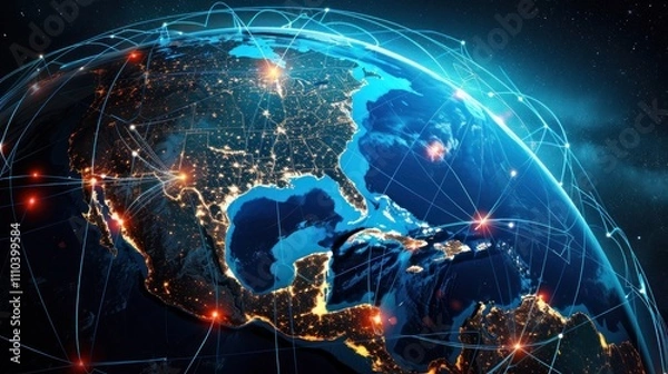 Obraz Abstract globe focusing on North America, depicting technology and economic concepts,