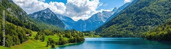 Fototapeta A breathtaking panorama of serene mountains, lush greenery, and a tranquil lake under a blue sky filled with fluffy white clouds.