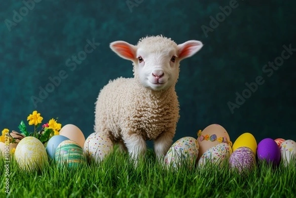 Fototapeta A lamb standing in a green field with colorful Easter decorations