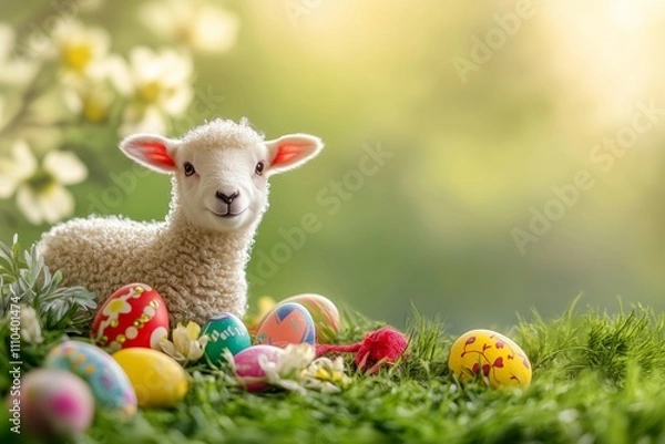 Fototapeta A lamb standing in a green field with colorful Easter decorations