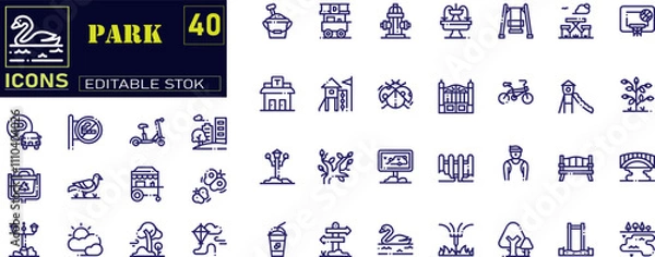 Fototapeta Park icon set. Containing forest, barbecue, camp, bench, picnic and playground icons.