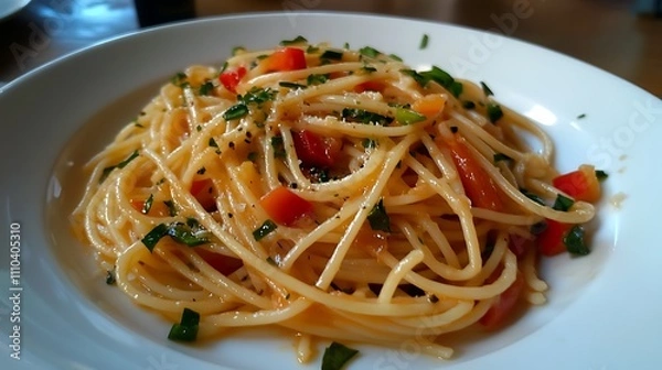 Obraz A plate of whole-grain pasta tossed with sautéed vegetables, fresh herbs, and a light olive oil dressing 