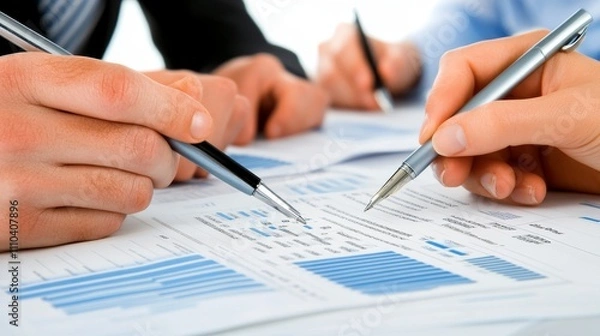 Fototapeta Close-up of hands holding pens over documents with graphs and data for analysis.
