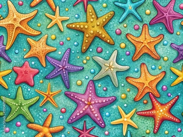 Fototapeta Summer Marine Background with Colorful Hand-Drawn Sea Starfishes for Gift Wrap, Textile, and Home Decor Inspiration