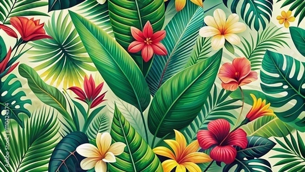 Fototapeta Tropical Leaves and Exotic Flowers Pattern in Summer Vibes - A Vibrant Jungle and Palm Leaf Background Design for Fresh and Nature-Inspired Decor