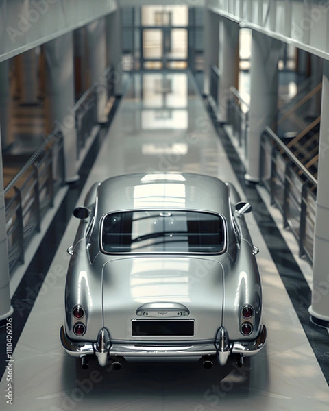 Fototapeta A vintage silver car is exhibited in a chic, contemporary showroom, highlighting its enduring style and sophistication from the rear. The display reflects topnotch quality