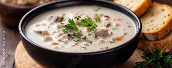 Fototapeta A creamy seafood chowder served in a black bowl, garnished with parsley, alongside slices of crusty bread on a wooden table.
