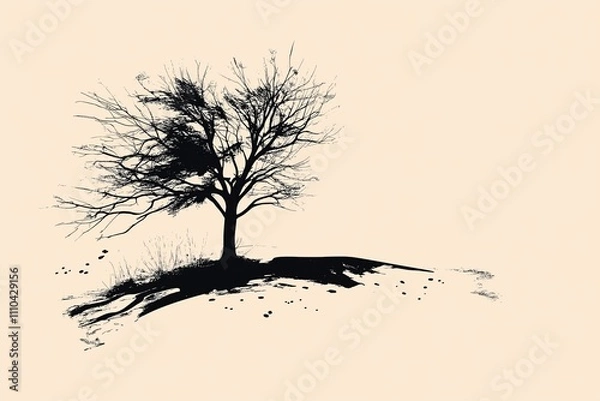 Fototapeta A solitary tree on a hill drawn in fine black lines on a warm beige background.