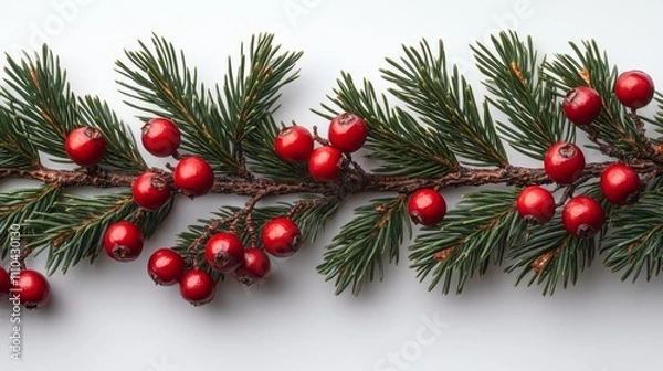 Fototapeta Pine Sprigs with Red Berries on a White Background. Generative AI