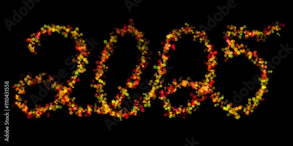 Fototapeta 2025 made with multicolored bokeh lights effect, Yellow, Red color, Bokeh abstract isolated on black background, Blur, Glitter, Illustration design, Happy New Year