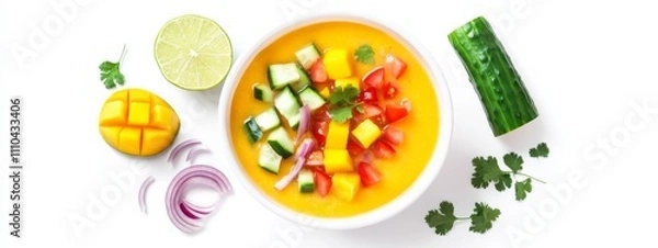 Obraz A refreshing mango and cucumber gazpacho with diced tomatoes, red onion, cilantro