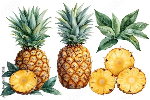 Obraz watercolor hand drawn illustration of pineapple with half and slices ripe pineapple, sketch of tropical fruit, food illustration isolated on watercolor background