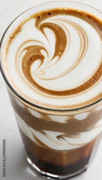 Fototapeta Ice coffee. A beautifully crafted latte in a glass, featuring a creamy swirl of foam atop rich coffee, showcasing intricate latte art.