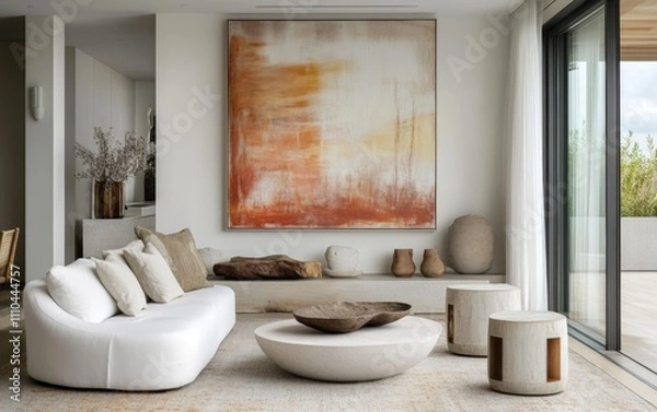 Fototapeta A luminous open-plan living area with a white chaise lounge, a large abstract painting on the wall, and subtle, stylish decor