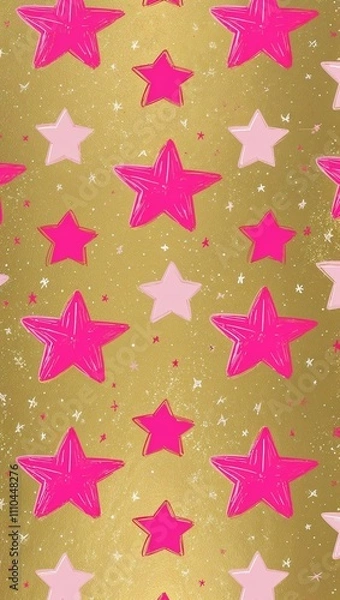 Fototapeta Pink Star pattern hand drawn design on Gold background illustration