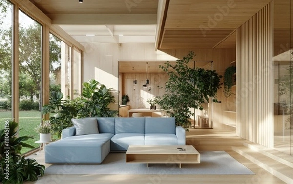 Fototapeta A sleek Scandinavian-style living room featuring a soft blue couch, light wooden furniture, and greenery for a fresh and airy feel