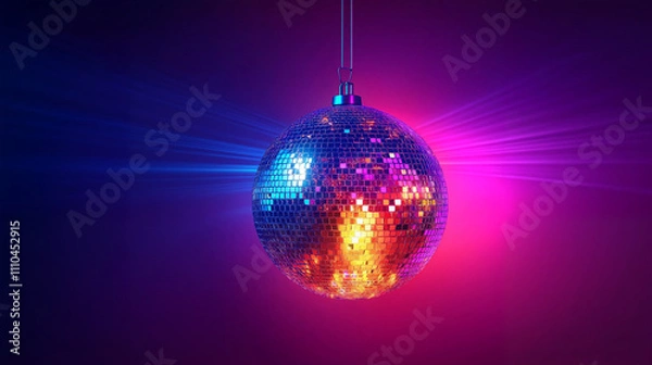 Fototapeta Glittering colorful disco ball hanging under the ceiling - symbol of party and celebration