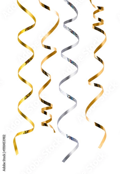 Obraz Collection of bright and festive serpentine curled ribbons isolated on transparent background. Set of golden and silver, serpentine streamers for New year holiday party design. Serpentine decoration.
