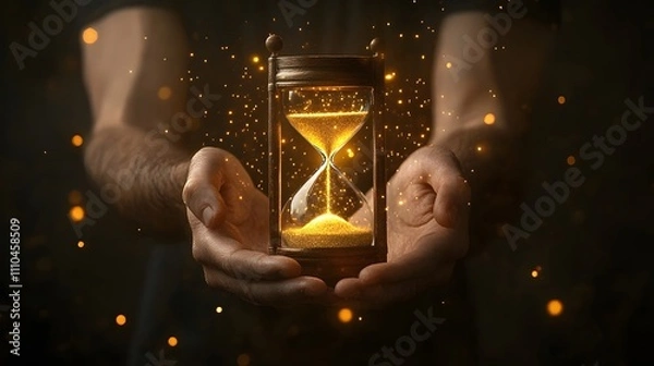 Fototapeta Man's hands gently holding a glowing hourglass, symbolizing the passage of time.