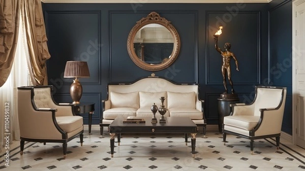 Fototapeta Luxurious room with beige and black checkered floor and bronze decor