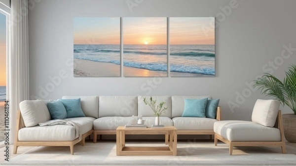 Fototapeta Elegant multi-panel wall art mockup with serene ocean canvas panels in a cozy living room.