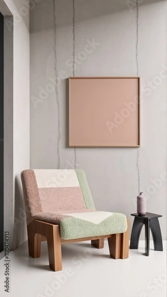 Fototapeta Generative AI, A Unique Modern Room with a Soft Pastel Palette, Textured Concrete Walls, and a Sculptural Lounge Chair for a Balanced Aesthetic