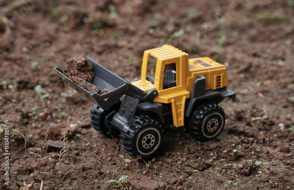 Obraz Yellow wheel loader or tractor toy on soil or ground background. construction image concept with heavy equipment.