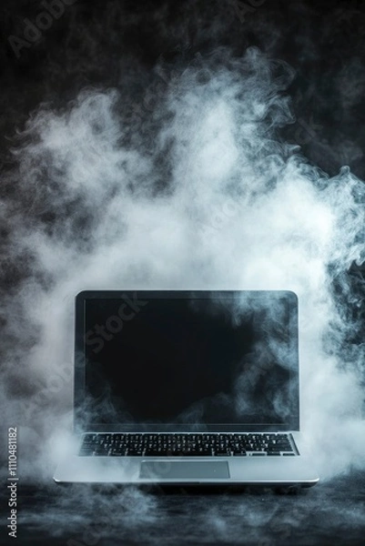 Obraz A laptop computer surrounded by smoke on a dark background.