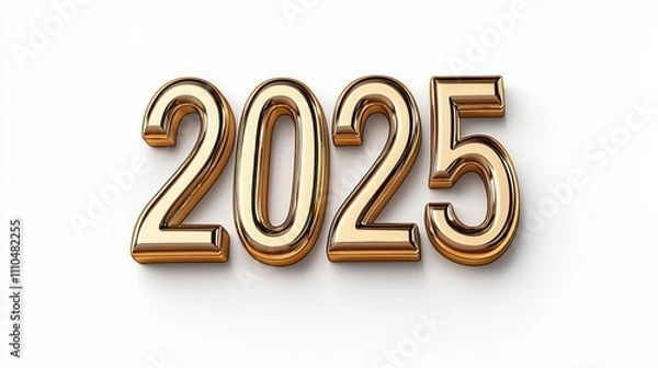Fototapeta A photostock of shiny gold numbers "2025" placed on a clean white background, symbolizing the new year and celebration. High Quality