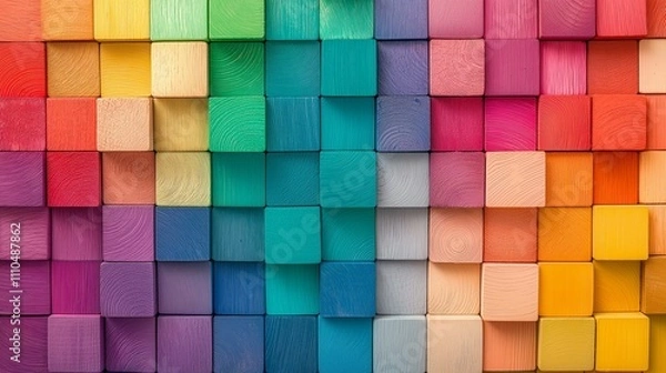 Fototapeta Vibrant geometric pattern of colorful wooden blocks arranged in a seamless gradient spectrum.