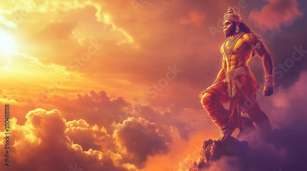 Fototapeta illustration of Hanuman Jayanti carrying a mountain with one hand amidst shining clouds, Ai generated images