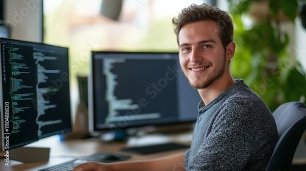 Fototapeta Young programmer smiling at his workstation, surrounded by screens and code.