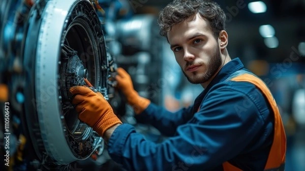 Fototapeta Male engineer working on large industrial turbine with tools, focused expression, mechanical maintenance, modern factory setting, technology, professional industry, precision engineering