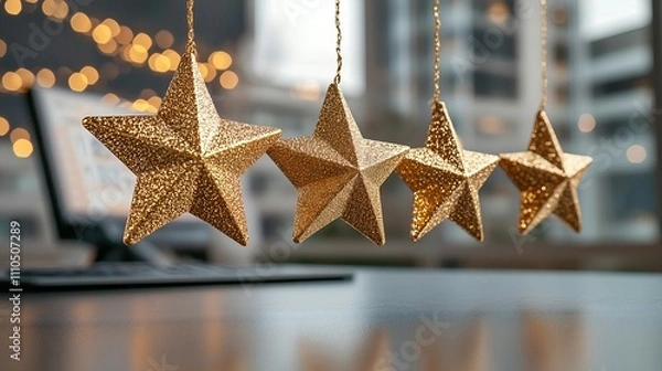 Obraz Four Gold Glitter Stars Hanging Over Computer and Keyboard