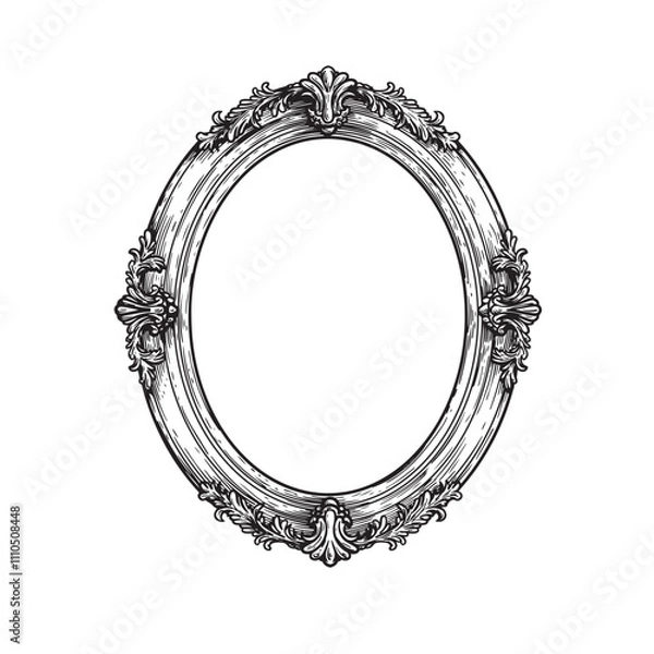 Obraz Oval vintage picture frame. Hand drawn victorian retro sketch style. Vector illustration isolated on white.
