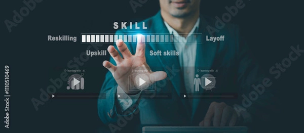 Obraz Upskilling and personal development concept. webinars, online courses, Soft skills training, problem-solving and adaptability education, E-learning, ability, reskilling, Layoff workforce retraining