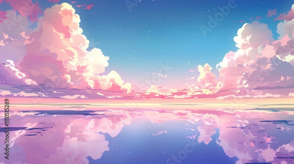 Fototapeta cute, pink and purple sky with clouds and stars, a few wildflowers in the foreground, in the style of anime, delicate brushstrokes, dreamy atmosphere, night scene, moonlight 