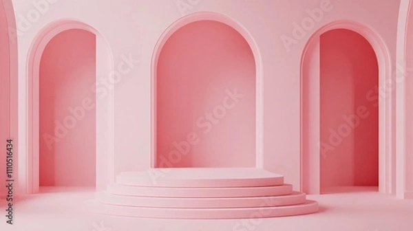Fototapeta Pink round podium with archways creating elegant showroom space