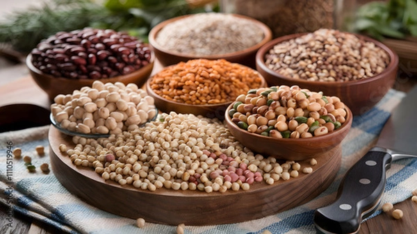 Fototapeta A variety of dried legumes and grains displayed in wooden bowls on a rustic table The assortment includes red beans, lentils, chickpeas, and other legumes, showcasing their natural colors and textures