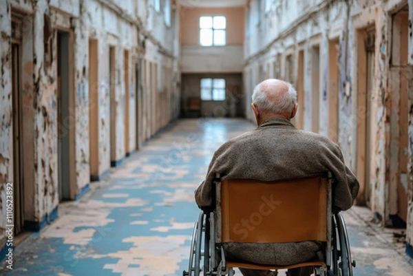 Fototapeta Nursing Home. An elderly man in a wheelchair sits in a deserted, dilapidated corridor, reflecting a sense of isolation and abandonment in a former institution.