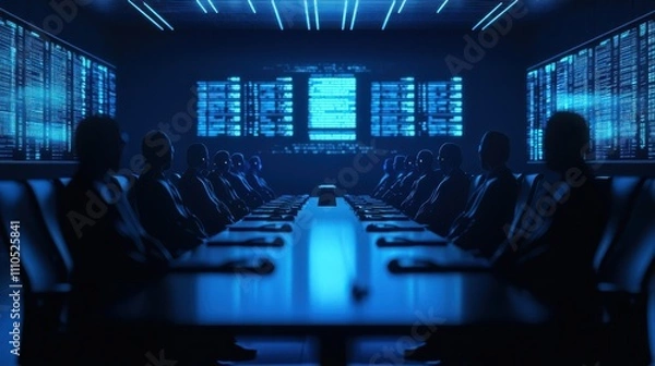 Fototapeta Futuristic Business Meeting in a Dark Room with High-Tech Screens and Silhouetted Figures Engaged in Strategic Discussions About Technology and Innovation