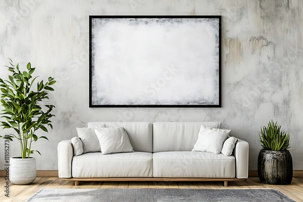 Fototapeta 3D-rendered blank poster frame mockup in a Scandinavian-style living room interior with a white sofa, green plant, and modern minimalist design
