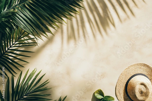 Obraz Summer vibe vector template design, with tropical elements of leaves for a holiday vibe, Vector illustration, space for text