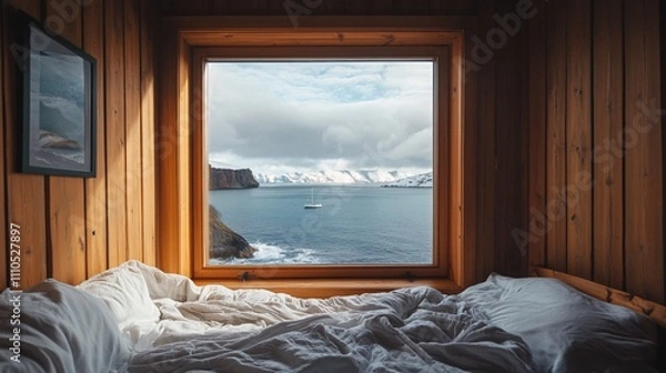 Obraz Cozy bedroom showing ocean view with sailboat from large window in wooden cabin