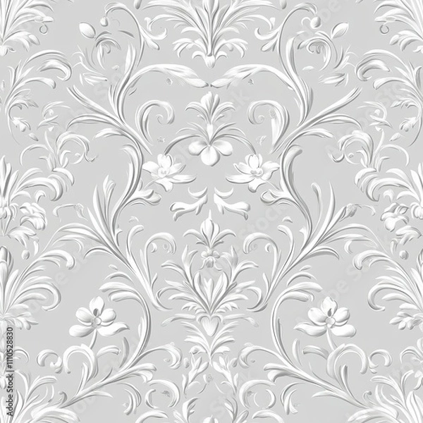 Fototapeta graceful floral scrollwork pattern, light silver botanical design, sophisticated victorian motifs, continuous curling vines, elegant flower detail, refined damask ornament, classic textile pattern,