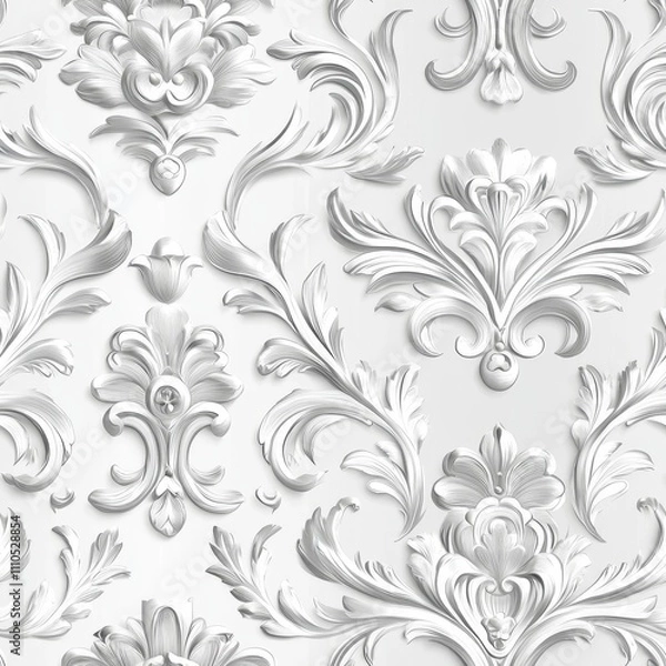 Fototapeta graceful floral scrollwork pattern, light silver botanical design, sophisticated victorian motifs, continuous curling vines, elegant flower detail, refined damask ornament, classic textile pattern,
