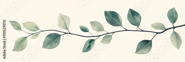 Fototapeta minimal botanical illustration, green leaf branches, soft sage color background, delicate line art, organic shapes, single stem composition, peaceful zen art, elegant simplicity, hand-drawn style,