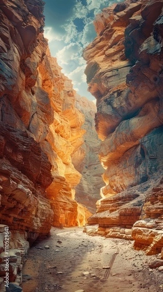 Fototapeta Dramatic arid canyon landscape with rugged weathered cliffs and sunlit rocky formations creating a majestic and visually captivating scene that invites a sense of discovery