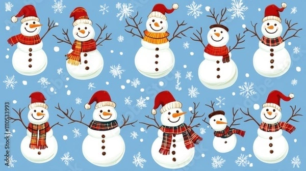 Obraz Diverse Snowmen Set: Christmas & New Year Vector Illustrations