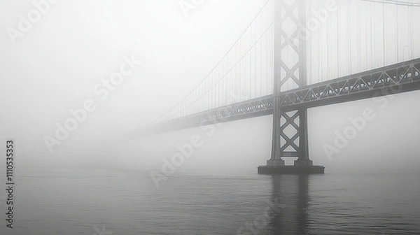 Fototapeta Fog Envelops the San Francisco-Oakland Bay Bridge During a Calm Morning, Creating a Mysterious Atmosphere Over the Water